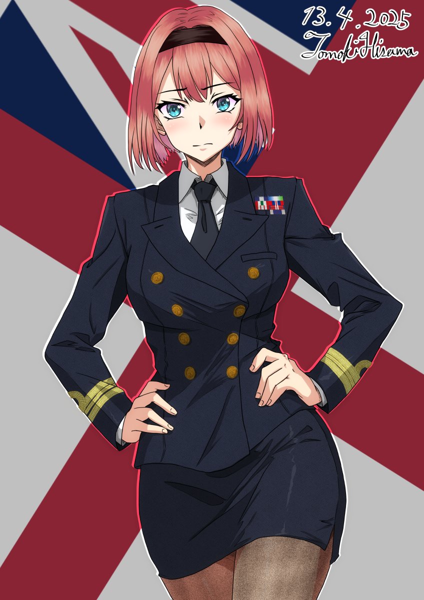 1girl alternate_costume ark_royal_(kancolle) artist_name black_jacket black_necktie black_skirt blue_eyes bob_cut braid breasts buttons closed_mouth collared_shirt cowboy_shot dated double-breasted flag_background hair_between_eyes half_up_braid hand_on_own_hip highres hisamatomoki jacket kantai_collection long_sleeves looking_at_viewer military_dress_uniform military_rank_insignia military_uniform naval_dress_uniform naval_uniform necktie one-hour_drawing_challenge red_hair ribbon_bar royal_navy shirt short_hair skirt solo white_shirt