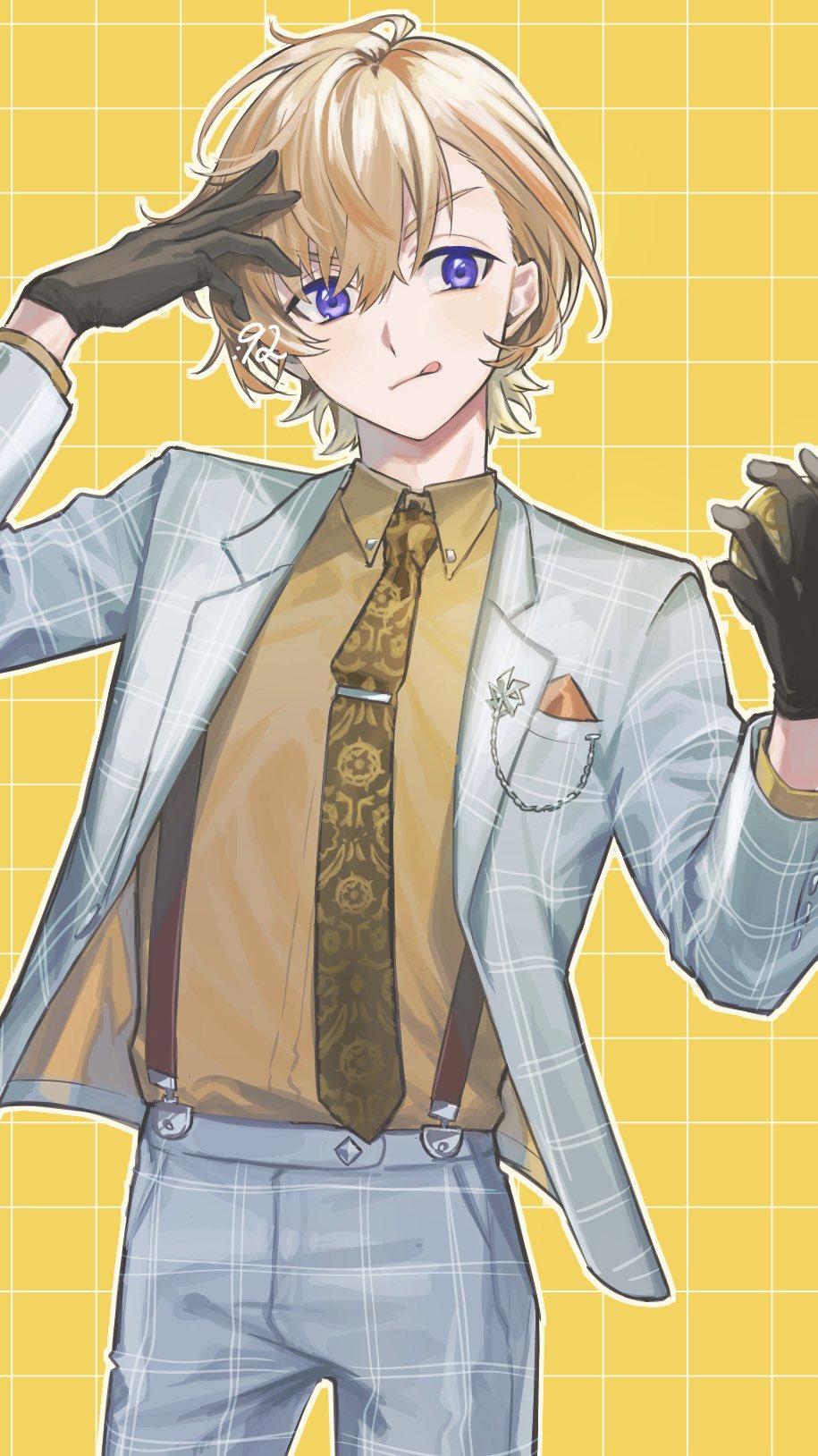 1boy :q black_gloves blonde_hair blue_eyes breast_pocket closed_mouth collared_shirt commentary_request cowboy_shot fura_kanato gloves grey_jacket grey_pants grid_background hair_between_eyes hands_up highres holding jacket kuzumiya_yuyu lapel_pin lapels long_sleeves male_focus multicolored_hair necktie nijisanji open_clothes open_jacket orange_hair outline pants parted_bangs pocket pocket_square shirt shirt_tucked_in short_hair simple_background solo standing streaked_hair suspenders tie_clip tongue tongue_out v-shaped_eyebrows virtual_youtuber white_outline wing_collar yellow_background yellow_necktie yellow_shirt