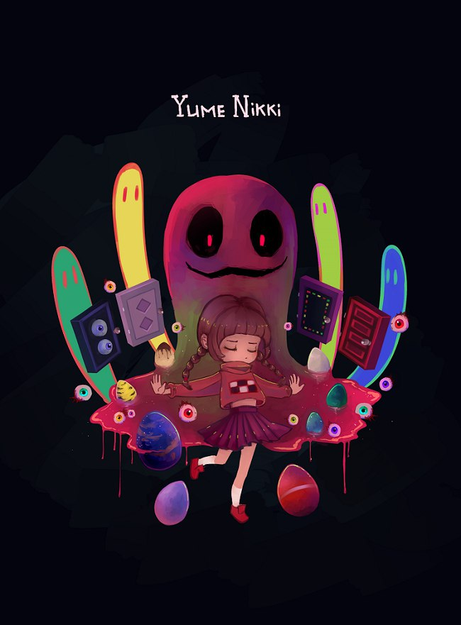 1girl black_background braid brown_hair closed_eyes commentary copyright_name creature door dot_nose dreaming_witch dripping egg english_commentary eyeball kyukkyu-kun long_hair madotsuki midriff_peek outstretched_arms pink_sweater pleated_skirt print_sweater purple_skirt red_footwear skirt spread_arms standing standing_on_one_leg sweater turtleneck turtleneck_sweater twin_braids yume_nikki