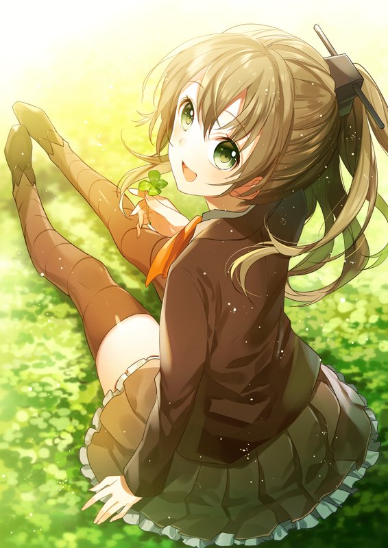 10s 1girl :d ascot brown_hair brown_jacket brown_skirt brown_thighhighs clover clover_(flower) collared_shirt female_focus flower four-leaf_clover from_behind green_eyes headgear high_ponytail holding jacket kantai_collection kumano_(kancolle) long_hair long_sleeves looking_at_viewer looking_back open_mouth pleated_skirt ponytail school_uniform serafuku shirt sitting skirt smile solo thighhighs yuzuki_kihiro