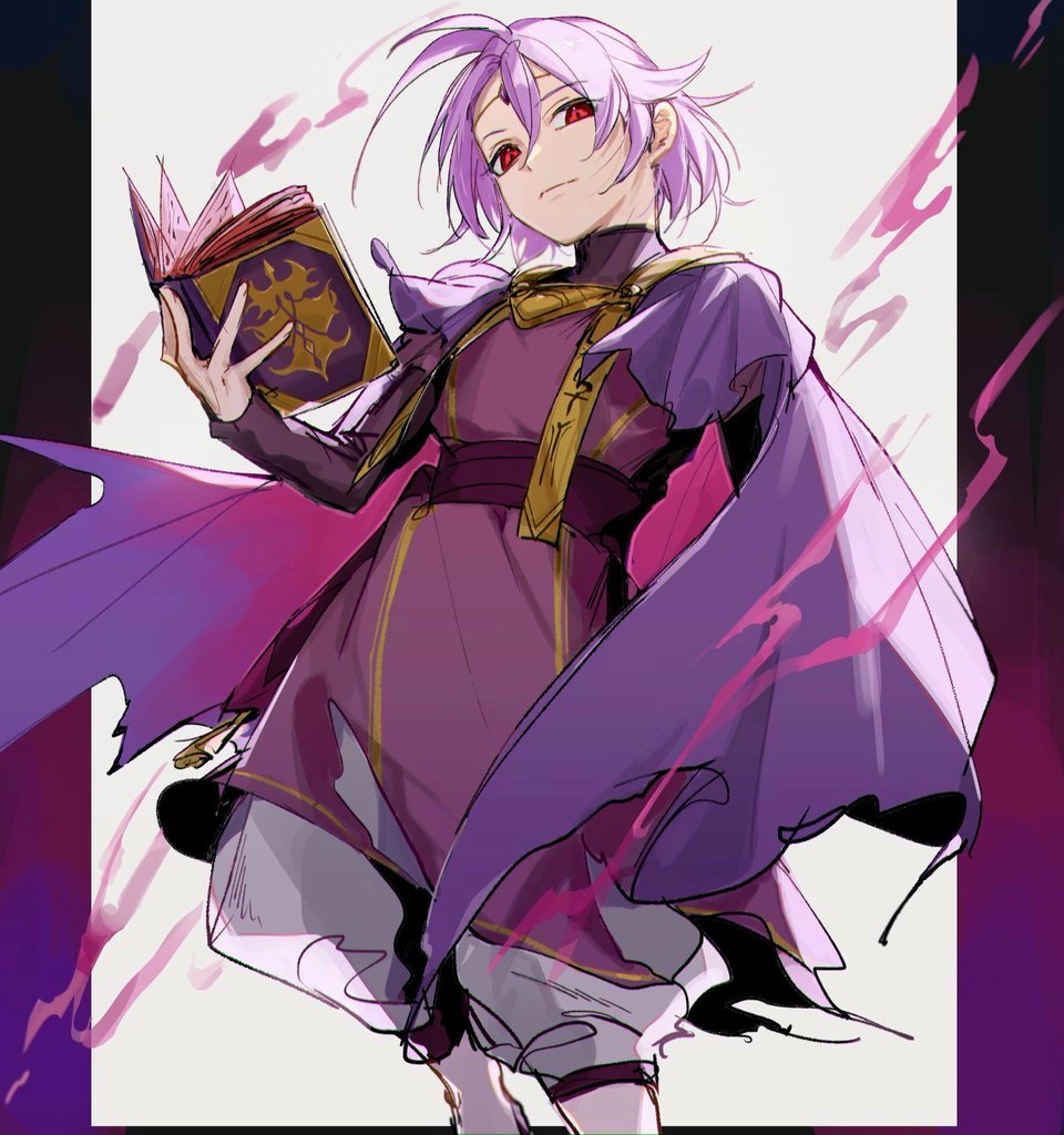 1boy aged_down belt book border cape capelet child circlet closed_mouth colored_smoke feet_out_of_frame fire_emblem fire_emblem:_the_sacred_stones fire_emblem_heroes floating_cape fomortiis_(fire_emblem) from_below gold_circlet hair_between_eyes hanaura_02 holding holding_book long_sleeves looking_at_viewer lyon_(fire_emblem) lyon_(grado&#039;s_gaze)_(fire_emblem) nintendo official_alternate_costume official_alternate_eye_color outside_border pants parted_bangs pillarboxed puffy_pants purple_belt purple_border purple_cape purple_capelet purple_hair purple_robe red_eyes robe short_hair smoke solo turtleneck white_background white_pants