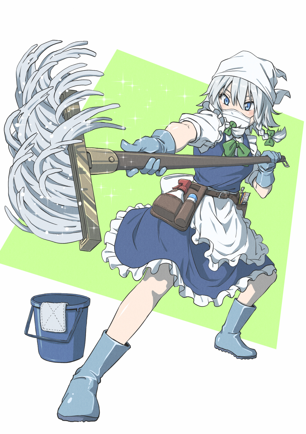 1girl alternate_headwear apron belt_pouch blue_boots blue_eyes blue_gloves blue_skirt blue_vest boots bottle braid bucket cleaning cleaning_brush cleaning_rag commentary_request eyebrows_hidden_by_hair frilled_apron frilled_skirt frills full_body gloves green_background green_ribbon grey_hair hair_between_eyes hair_ribbon headscarf highres holding holding_mop inuno_rakugaki izayoi_sakuya light_blush mask mop mouth_mask pouch ribbon rubber_boots rubber_gloves shirt short_sleeves side_braids skirt skirt_set solo sparkle spray_bottle surgical_mask touhou tsurime vest waist_apron white_background white_shirt