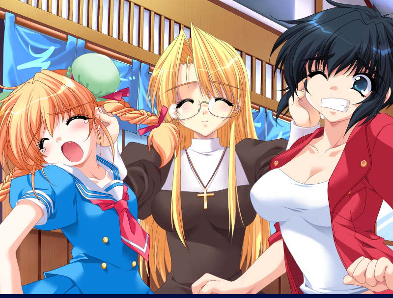 3girls black_hair blonde_hair blue_eyes blush clenched_teeth cross daikokuya_kyouko downhill_night emily_(pure_dream) closed_eyes fang game_cg kotosato_yuuna multiple_girls nun short_hair teeth top_(company) twintails wince yano_maria