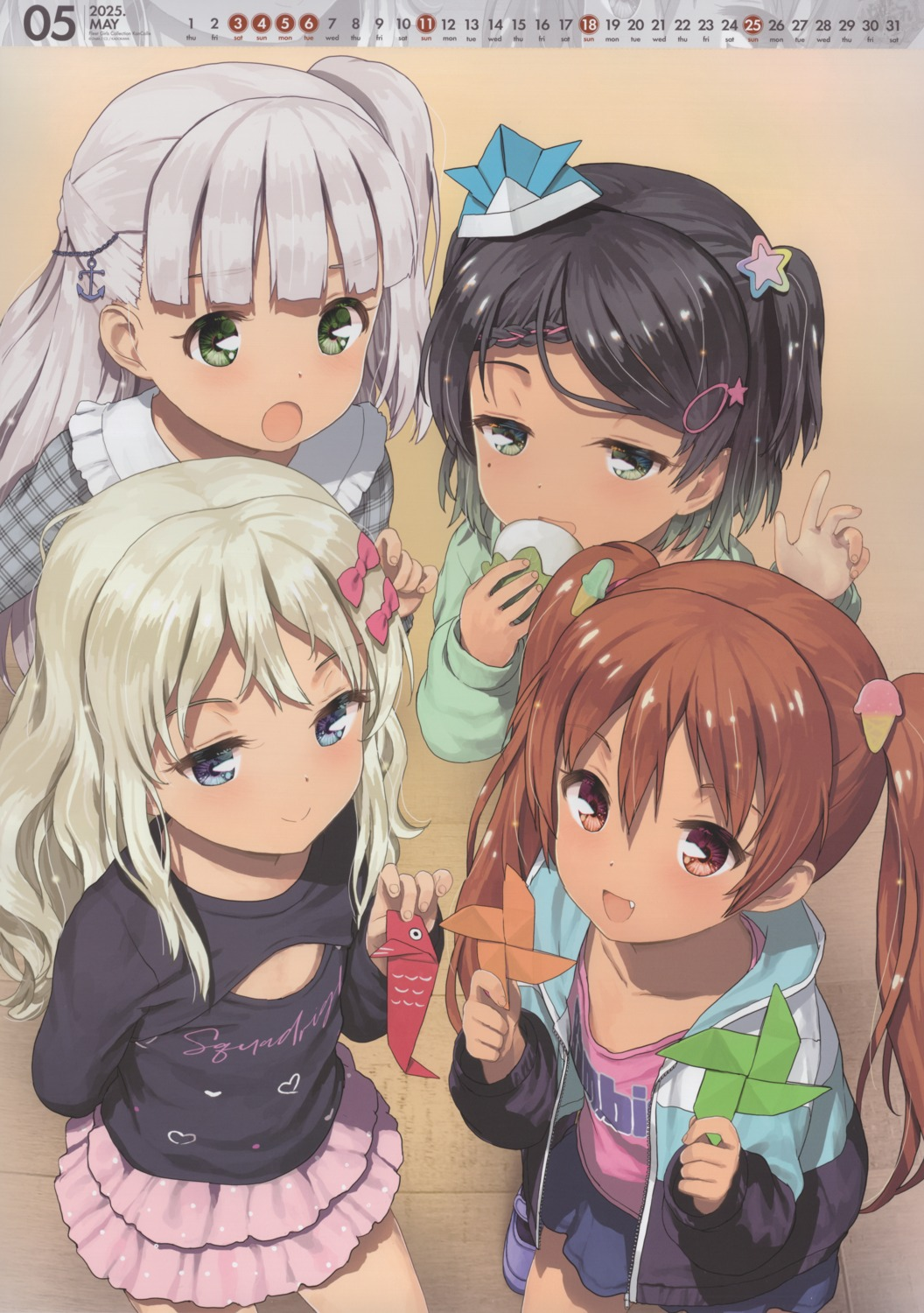 4girls bad_link black_hair black_skirt blonde_hair blunt_bangs brown_hair calendar_(medium) eating frilled_skirt frills grecale_(kancolle) grey_hair hair_ornament hairclip highres hood hooded_jacket jacket jiji_(aardvark) kantai_collection koinobori libeccio_(kancolle) maestrale_(kancolle) may multiple_girls paper_hat paper_kabuto pink_skirt pinwheel scirocco_(kancolle) short_hair side_ponytail skirt tan twintails two_side_up windsock
