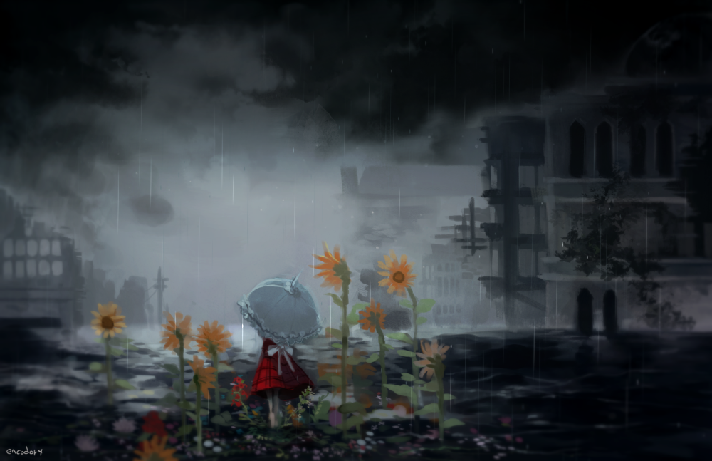 1girl artist_name black_clouds black_sky building city cloud cloudy_sky commentary_request dark encodory female_focus flower from_behind green_hair holding holding_umbrella kazami_yuuka parasol plaid_clothes plaid_skirt plaid_vest rain red_skirt red_vest ruins scenery skirt sky solo standing sunflower touhou umbrella utility_pole vest