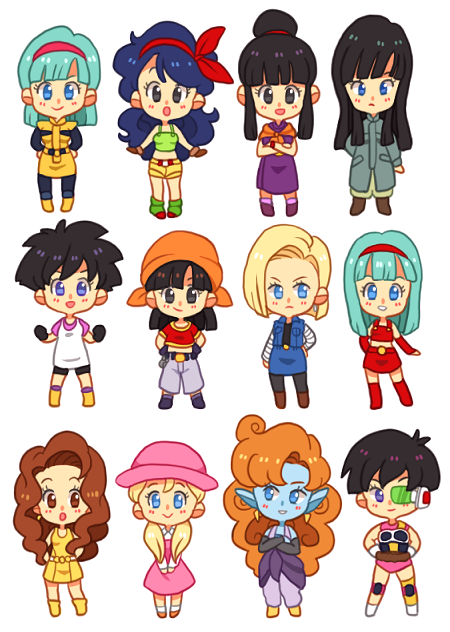 1990s_(style) 6+girls :o android_18 bandana black_eyes black_hair blue_eyes blue_hair blue_skin blunt_bangs boots bra_(dragon_ball) brown_eyes brown_hair bulma character_request chi-chi_(dragon_ball) chibi coat colored_skin crossed_arms curly_hair dragon_ball dragon_ball_gt dragonball_z dress earrings full_body gloves hair_bun hairband hands_on_own_hips hat jewelry knee_boots long_hair looking_at_viewer lunch_(dragon_ball) lunch_(good)_(dragon_ball) mai_(dragon_ball) marron_(dragon_ball) midriff multiple_girls mushroomcatnumberplate open_mouth orange_hair palace_(dragon_ball) pan_(dragon_ball) pantyhose pigeon-toed pointy_ears retro_artstyle scouter seripa short_hair shorts sidelocks simple_background single_hair_bun skirt standing tail tank_top twintails very_long_hair vest videl wavy_hair white_background zangya