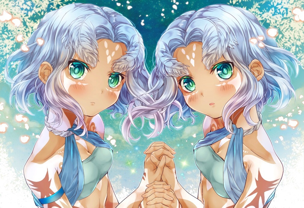 2girls antennae blue_eyes bodypaint breasts bug cleavage dark-skinned_female dark_skin energy glowing godzilla:_city_on_the_edge_of_battle godzilla_(series) goshipiumu holding_hands houtua insect looking_at_viewer maina miana monster_girl moth multicolored_hair multiple_girls polygon_pictures siblings sisters small_breasts tattoo toho tribal tribal_tattoo twins two-tone_hair