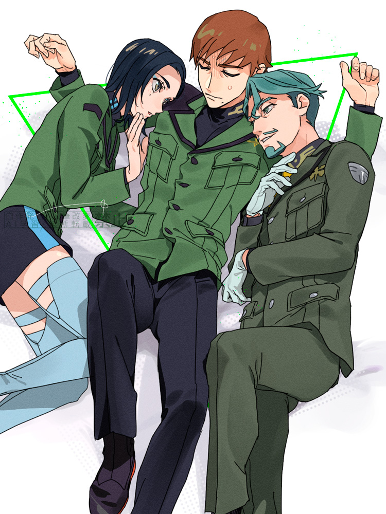 1girl 2boys beard black_hair brown_eyes brown_hair challia_bull closed_eyes collared_shirt commentary_request comoli_harcourt facial_hair gloves green_eyes green_hair gundam gundam_gquuuuuux jacket long_sleeves lying military_uniform mole mole_under_eye mole_under_mouth multiple_boys mustache necktie on_side open_mouth pants shirt short_hair simple_background skirt smile sweatdrop thick_eyebrows thighhighs turn_pale turtleneck vj0tv white_background xavier_olivette