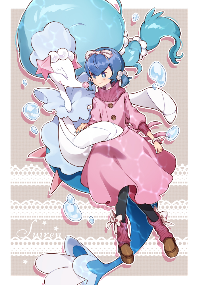 1girl alternate_costume beads blue_eyes blue_hair border bracelet bright_pupils brown_footwear buttons character_name closed_mouth commentary_request dress gen_7_pokemon green_nails hair_beads hair_ornament jewelry lana_(pokemon) loose_socks medium_hair nail_polish nintendo outside_border pantyhose pink_dress pokemon pokemon_(anime) pokemon_(creature) pokemon_sm_(anime) primarina ribbed_socks sasairebun shoes short_twintails smile socks twintails water_drop white_border white_pupils