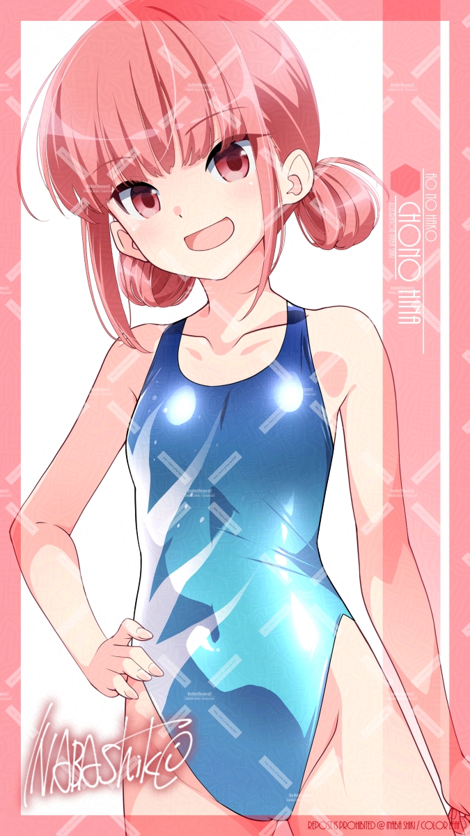 1girl adversarial_noise alternate_breast_size_(smaller) ao_no_hako artist_name athletic_leotard blue_leotard breasts character_name chouno_hina commentary_request covered_navel cowboy_shot gradient_clothes gradient_leotard hair_rings hand_in_pocket hand_on_own_hip highleg highleg_leotard highres inaba_shiki leotard long_hair looking_at_viewer low_twintails multicolored_leotard red_eyes red_hair signature small_breasts solo twintails very_low_bun watermark watermark_grid