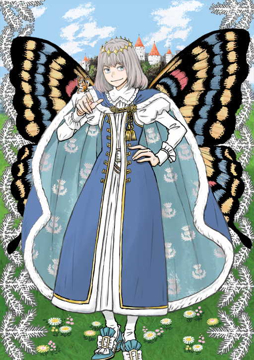 1boy blue_cape blue_eyes bug butterfly cape crown fairy fairy_wings fate/grand_order fate_(series) grey_hair holding_butterfly insect long_sleeves oberon_(fate) oberon_(first_ascension)_(fate) official_art puffy_sleeves tunic umino_chika wings