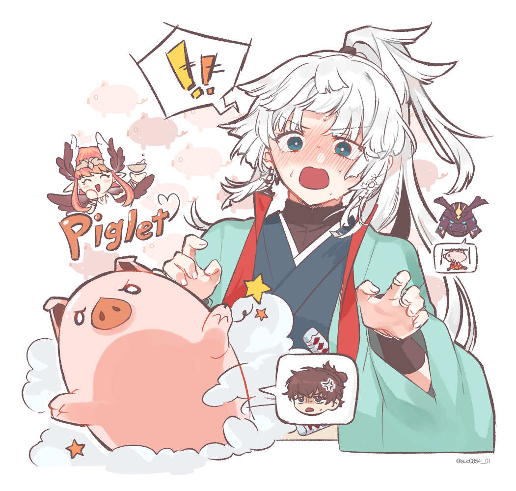 ! !! 1boy 3girls animal animalization armor aud0854_01 black_wings blonde_hair blue_eyes blue_kimono blush chibi circe_(fate) closed_eyes commentary_request english_text fate/samurai_remnant fate_(series) feathered_wings grey_hair helmet japanese_armor japanese_clothes kabuto_(helmet) katana kimono long_hair miyamoto_iori_(fate) multicolored_hair multiple_girls open_mouth pig pink_hair pointy_ears ponytail smile star_(symbol) sword twitter_username ushi_gozen_(fate) ushi_gozen_(rider)_(fate) weapon white_background wings yui_shousetsu_(fate)
