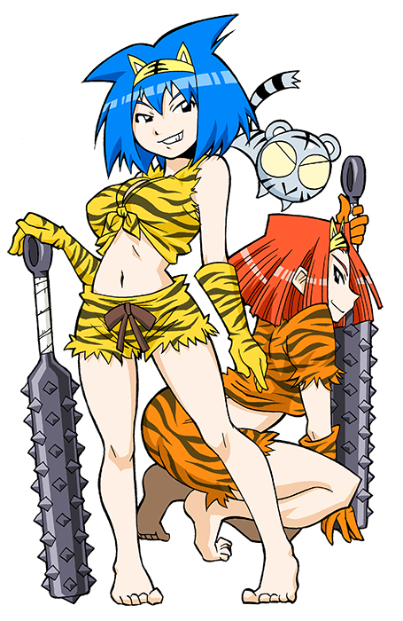2girls amu_ru animal_ear_headband animal_print aqua_hair benga_ru black_eyes black_outline black_tail blunt_ends breasts closed_mouth club club_(weapon) colored_sclera cub elbow_gloves full_body gloves hair_between_eyes headband holding holding_club holding_weapon kanabou large_breasts legs_apart looking_at_viewer mature_female midriff mukku_(mook-tv) multiple_girls navel no_pupils official_art on_one_knee oni_costume orange_gloves orange_hair orange_shirt orange_shorts orange_sleeves outline profile second-party_source shiro_kotora shirt short_hair short_sleeves shorts simple_background sleeveless sleeveless_shirt smile spiked_club standing straight_hair striped_clothes striped_fur striped_gloves striped_headband striped_shirt striped_shorts striped_sleeves striped_tail tail teeth tied_shirt tiger tiger_print tora_da_yo. toranoana tsurime weapon white_background white_fur white_tail yellow_gloves yellow_headband yellow_sclera yellow_shirt yellow_shorts