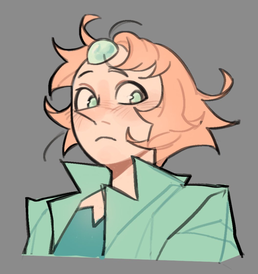 1girl aqua_eyes aqua_jacket aqua_shirt blonde_hair blush closed_mouth commentary cropped_torso english_commentary forehead_jewel frown gem grey_background jacket kamiyouo looking_down pearl_(gemstone) pearl_(steven_universe) pointy_nose shirt short_hair simple_background solo steven_universe