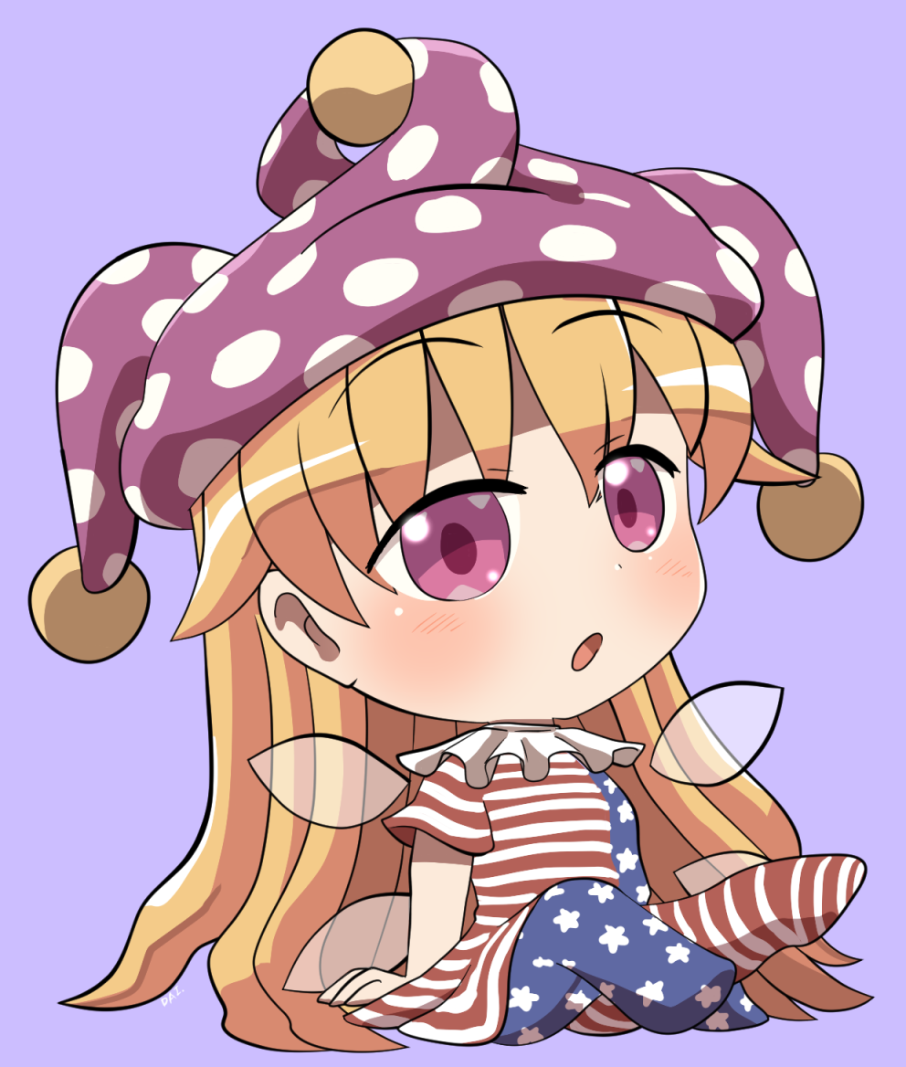 1girl :o american_flag_dress american_flag_legwear blonde_hair blush chibi chibi_only clownpiece commentary dress fairy_wings full_body hat jester_cap long_hair neck_ruff no_shoes open_mouth pantyhose pink_eyes polka_dot_headwear purple_background purple_hat rokugou_daisuke short_sleeves signature simple_background sitting solo touhou wings