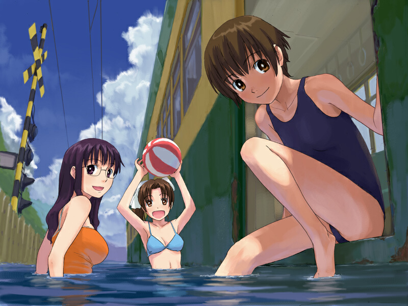 3girls armpits arms_up ball beachball bikini black_hair breasts brown_eyes brown_hair carrying_overhead casual_one-piece_swimsuit cloud day female_focus flood glasses holding holding_ball holding_beachball multiple_girls naruko_hanaharu one-piece_swimsuit original outdoors ponytail power_lines purple_eyes purple_hair railroad_crossing school_swimsuit sky string_bikini swimsuit water