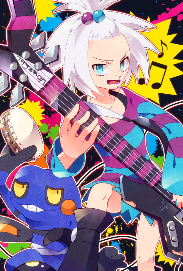 1girl bass_guitar beamed_eighth_notes black_boots blue_eyes boots commentary_request croagunk eighth_note bass_guitar freckles gen_4_pokemon guitar hair_bobbles hair_ornament holding holding_bass_guitar holding_guitar holding_instrument instrument lower_teeth_only musical_note nintendo open_mouth pohe pokemon pokemon_(creature) pokemon_bw2 roxie_(pokemon) shirt spiked_hair striped_clothes striped_shirt tambourine teeth topknot two-tone_shirt v-shaped_eyebrows white_hair