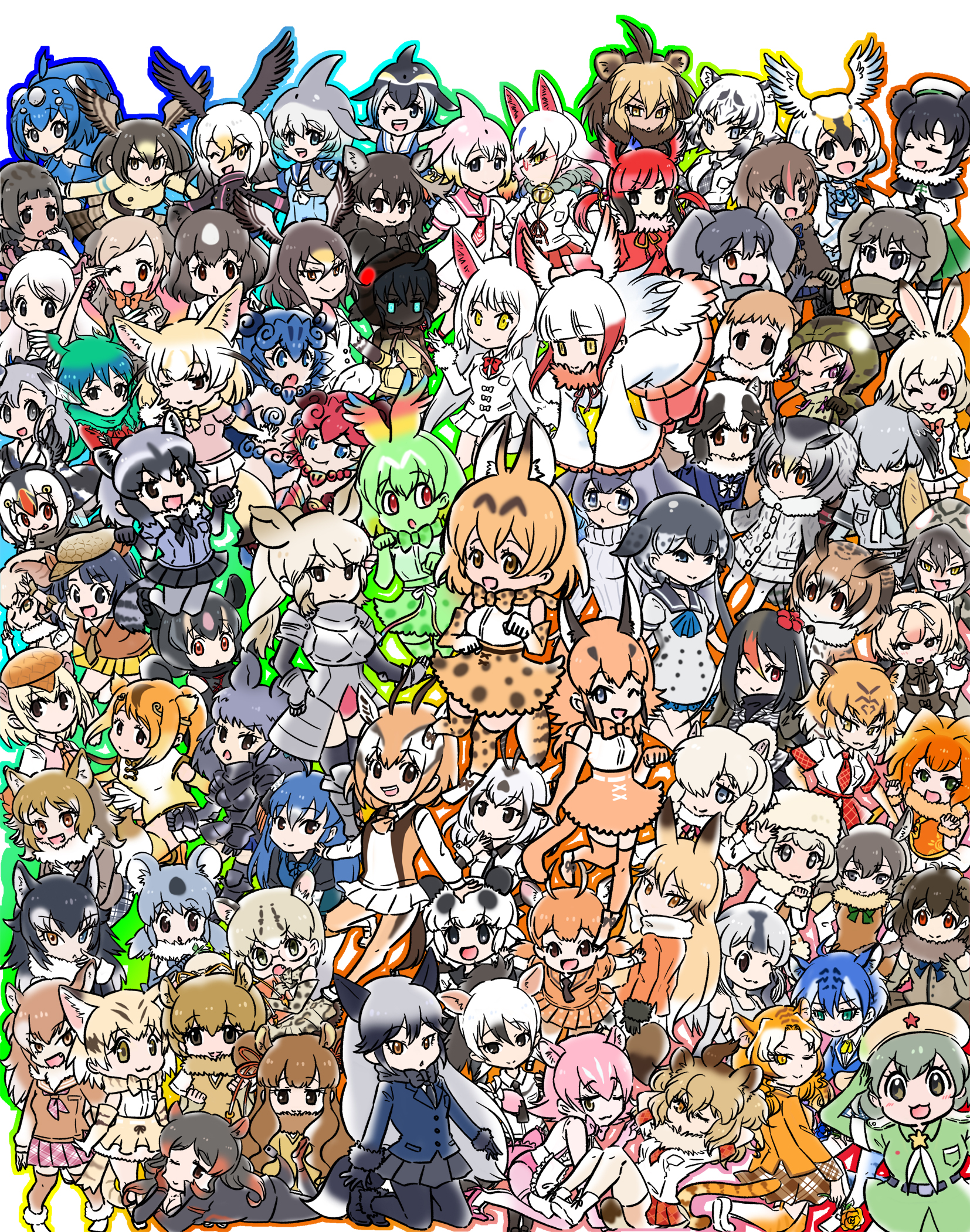 6+girls aardwolf_(kemono_friends) african_elephant_(kemono_friends) african_forest_elephant_(kemono_friends) african_rock_python_(kemono_friends) alpaca_ears alpaca_huacaya_(kemono_friends) alpaca_suri_(kemono_friends) animal_ear_fluff animal_ears animal_print antlers apron arabian_oryx_(kemono_friends) armadillo_ears armor armored_boots armored_dress arms_behind_head atlantic_puffin_(kemono_friends) aye-aye_(kemono_friends) bactrian_camel_(kemono_friends) bald_eagle_(kemono_friends) barbary_lion_(kemono_friends) bearded_seal_(kemono_friends) beige_headwear beige_legwear beige_shirt bell belt belt_buckle bird_girl black_eyes black_footwear black_gloves black_hair black_legwear black_necktie black_rhinoceros_(kemono_friends) black_sailor_collar black_skirt black_wings blonde_hair blowhole blue_bow blue_eyes blue_hair blue_jacket blue_sailor_collar blue_skirt blue_whale_(kemono_friends) blush book boots bow bowtie breast_pocket breasts brown_bear_(kemono_friends) brown_eyes brown_hair brown_necktie brown_scarf buckle caracal_(kemono_friends) caracal_ears cellien_(kemono_friends) cellval chinese_white_dolphin_(kemono_friends) cleavage closed_mouth collared_shirt commentary_request common_bottlenose_dolphin_(kemono_friends) common_dolphin_(kemono_friends) common_raccoon_(kemono_friends) crossed_arms dark-skinned_female dark_skin darwin's_finch_(kemono_friends) dress dromedary_(kemono_friends) elbow_gloves elephant_ears elephant_girl emu_(kemono_friends) epaulettes eurasian_eagle_owl_(kemono_friends) everyone extra_ears ezo_red_fox_(kemono_friends) fang feathered_wings fennec_(kemono_friends) fingerless_gloves flower footwear_bow fox_ears fox_tail frown fur_trim gazelle_ears gazelle_horns ghost_in_the_shell giant_armadillo_(kemono_friends) giant_panda_(kemono_friends) giant_pangolin_(kemono_friends) glasses gloves glowing glowing_eyes golden_lion_tamarin_(kemono_friends) golden_snub-nosed_monkey_(kemono_friends) golden_tabby_tiger_(kemono_friends) green_bow green_eyes green_hair grey_gloves grey_hair grey_legwear grey_shirt grey_wolf_(kemono_friends) guanaco_(kemono_friends) hair_between_eyes hair_bow hair_flower hair_ornament hair_over_one_eye hair_tie hand_on_own_chin hands_in_pockets hat hat_ornament head_wings heterochromia high_heels highres hippopotamus_(kemono_friends) hippopotamus_ears holding holding_book holding_stick hood hoodie horns indri_(kemono_friends) italian_wolf_(kemono_friends) jacket japanese_crested_ibis_(kemono_friends) japanese_giant_salamander_(kemono_friends) japanese_otter_(kemono_friends) japanese_wolf_(kemono_friends) jinmen-gyo_(kemono_friends) kemono_friends keroro keroro_gunsou kneeling koala_(kemono_friends) kyuubi_(kemono_friends) light_brown_hair lion_(kemono_friends) lion_ears lion_tail lying maltese_tiger_(kemono_friends) margay_(kemono_friends) mexico_salamander_(kemono_friends) military military_uniform monkey_girl moose_(kemono_friends) moose_antlers moose_ears moose_girl mountain_hare_(kemono_friends) multicolored_hair multiple_girls narwhal_(kemono_friends) necktie north_island_brown_kiwi_(kemono_friends) northern_goshawk_(kemono_friends) northern_white-faced_owl_(kemono_friends) oinari-sama_(kemono_friends) okinawa_habu_(kemono_friends) okinawa_rail_(kemono_friends) on_stomach one_eye_closed open_mouth orange_bow orange_bowtie orange_eyes orange_hair orange_jacket orange_legwear orange_shirt orange_skirt otter_ears otter_girl panda_ears panda_girl pangolin_ears panther_tail partially_translated peach_panther_(kemono_friends) peafowl_(kemono_friends) peregrine_falcon_(kemono_friends) pink_hair pink_shoes pink_vest plaid_clothes plaid_necktie pleated_skirt pocket print_bow print_bowtie print_gloves print_legwear print_skirt purple_eyes rabbit_ears rabbit_girl raccoon_ears raccoon_tail red_eyes red_flower red_hair red_jacket red_legwear red_necktie resplendent_quetzal_(kemono_friends) rhinoceros_ears rhinoceros_girl ribbed_sweater sailor_collar salute sand_cat_(kemono_friends) scarf scarlet_ibis_(kemono_friends) serval_(kemono_friends) sheep_(kemono_friends) sheep_ears sheep_girl sheep_horns shiisaa_lefty shiisaa_right shirt shoebill_(kemono_friends) shoes sika_deer_(kemono_friends) silky_anteater_(kemono_friends) silver_fox_(kemono_friends) simple_background siraitokiko skirt smile spotted_skirt star_(symbol) star_hat_ornament stick striped_tail sweater sweater_vest tachikoma_type-a_(kemono_friends) tail tail_bow tail_ornament tanuki_(kemono_friends) thighhighs thomson's_gazelle_(kemono_friends) tiger_(kemono_friends) tiger_ears tiger_tail tongue tongue_out translation_request tsuchinoko_(kemono_friends) tundra_swan_(kemono_friends) turtleneck turtleneck_sweater twintails vest white_apron white_background white_bow white_footwear white_hair white_headwear white_rhinoceros_(kemono_friends) white_shirt white_skirt white_sweater white_tiger_(kemono_friends) wings wolf_ears wolf_girl yellow_eyes yellow_skirt