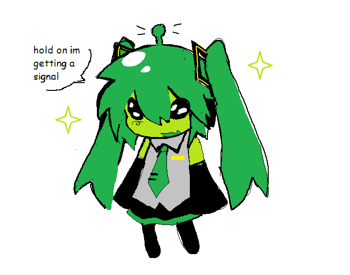 1girl alien alienposting_(meme) antennae bare_shoulders black_skirt chibi chibi_only colored_skin commentary detached_sleeves flyplague glorpi_miku_(dyarikku) green_hair green_necktie green_skin hatsune_miku jaggy_lines meme necktie open_mouth shirt simple_background skirt sleeveless sleeveless_shirt solo speech_bubble twintails vocaloid white_background