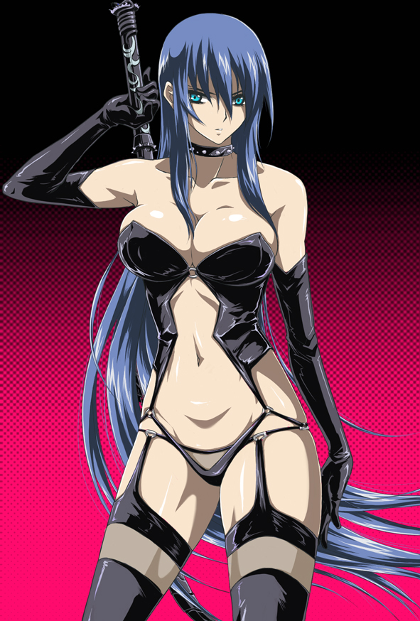 1girl black_thighhighs blue_eyes blue_hair breasts bustier cleavage collar commentary_request duplicate elbow_gloves fujimaru_(kinakomucch) garter_belt gloves gradient_background himemiya_chikane kannazuki_no_miko large_breasts latex latex_panties legs lingerie long_hair navel panties shiny_clothes solo spiked_collar spikes thighhighs thighs underwear very_long_hair