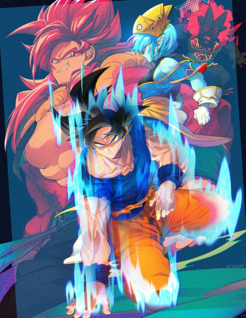 1girl 1other 2boys aeos black_hair blue_eyes blue_sash body_fur breasts closed_mouth dougi dragon_ball dragon_ball_heroes earrings gloves gogeta_(xeno) jewelry long_hair looking_at_viewer medium_breasts metamoran_vest monkey_boy monkey_tail multiple_boys muscular omega_shenron_(xeno) ommmyoh open_mouth pants potara_earrings red_fur saiyan sash smile son_goku spiked_hair super_full_power_saiyan_4_limit_breaker super_saiyan super_saiyan_4 tail time_patrol_(dragon_ball) twitter_username