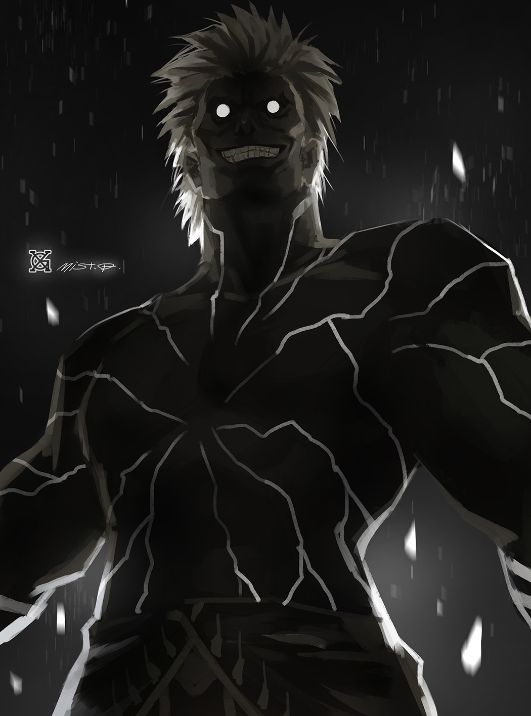 1boy bare_pectorals black_skin colored_skin grin highres male_focus monochrome mukai_(kof) no_pupils pectorals short_hair smile solo spiked_hair the_king_of_fighters the_king_of_fighters_2003 white_eyes white_hair xiaoguimist