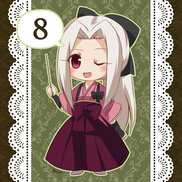 1girl alternate_hairstyle artist_name blush boru-boru bow chibi countdown fate/zero fate_(series) female_focus hair_bow hair_up instructor_iri irisviel_von_einzbern japanese_clothes kimono long_hair official_alternate_costume one_eye_closed ponytail red_eyes signature solo stick white_hair wink