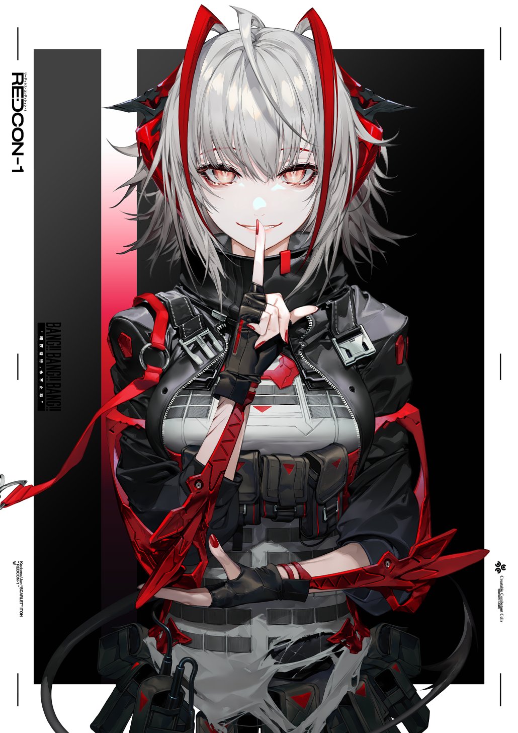 1girl adapted_costume ahoge antenna_hair arknights bandana black_background black_bandana black_gloves black_horns black_jacket black_tail border breasts buckle commentary_request cowboy_shot demon_girl demon_horns demon_tail dyed_ahoge english_text eyelashes eyeliner finger_to_mouth fingerless_gloves fingernails gloves gradient_background grey_hair grin hair_between_eyes half-closed_eyes hand_on_own_elbow hand_up highres horns index_finger_raised jacket kodama_(wa-ka-me) long_sleeves looking_at_viewer makeup medium_breasts medium_hair multicolored_horns multiple_scars nail_polish o-ring open_clothes open_jacket orange_eyes outside_border parted_lips pouch puffy_long_sleeves puffy_sleeves red_eyeliner red_horns red_nails scar scar_on_arm shadow shirt shushing smile snap-fit_buckle solo standing straight-on strap tail teeth torn_clothes torn_shirt translation_request two-tone_horns underbust untucked_shirt unzipped variant_set w_(arknights) white_border white_shirt zipper