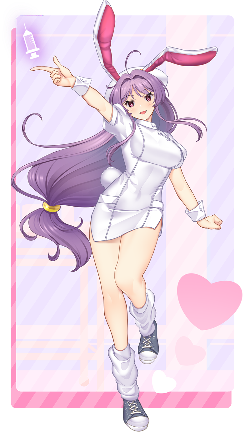 1girl ahoge animal_ears blue_footwear breasts curvy dress hair_between_eyes hair_intakes hataraki_kuma heart highres legs long_hair looking_at_viewer loose_socks low-tied_long_hair medium_breasts miniskirt navel nurse open_mouth puffy_short_sleeves puffy_sleeves purple_hair rabbit_ears rabbit_girl rabbit_tail red_eyes reisen_udongein_inaba short_dress short_sleeves skirt smile socks solo striped_background syringe tail thighs tight_clothes touhou wrist_cuffs