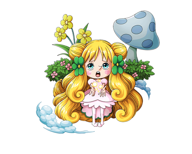 1girl blue_eyes bodskih curly_hair double_bun female_focus flower full_body hair_bun hair_flower hair_ornament leaf long_hair mansherry_(one_piece) mushroom official_art one_piece one_piece_treasure_cruise open_mouth solo teeth transparent_background