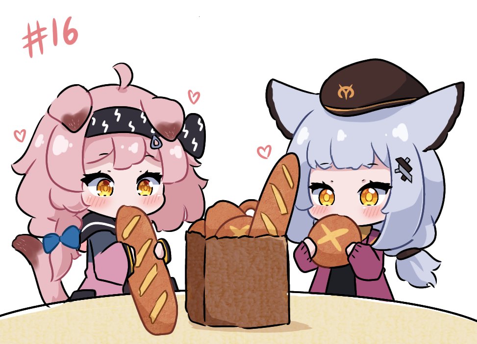 2girls ahoge animal_ears arknights bag baguette beret black_hairband black_shirt blue_bow blush bow braid bread brown_eyes brown_headwear cat_ears cat_girl cat_tail chibi commentary eating english_commentary food goldenglow_(arknights) grey_hair grocery_bag hair_bow hairband hat heart holding holding_food jacket kurotofu lightning_bolt_symbol long_hair long_sleeves multiple_girls open_clothes open_jacket paper_bag pink_hair pink_jacket ptilopsis_(arknights) ptilopsis_(serenity)_(arknights) puffy_long_sleeves puffy_sleeves purple_jacket shirt shopping_bag simple_background single_braid sleeves_past_wrists table tail upper_body white_background