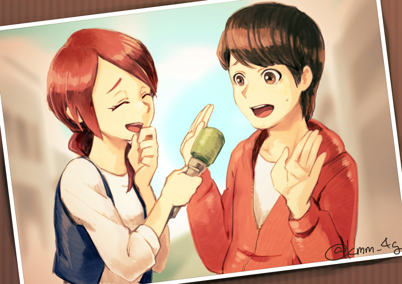 1boy 1girl ^_^ asymmetrical_bangs brown_hair closed_eyes commentary_request detective_pikachu_(game) detective_pikachu_(series) emilia_christie facing_another happy holding holding_microphone kimimi_(kmm) looking_at_another medium_hair microphone nintendo pokemon signature tim_goodman
