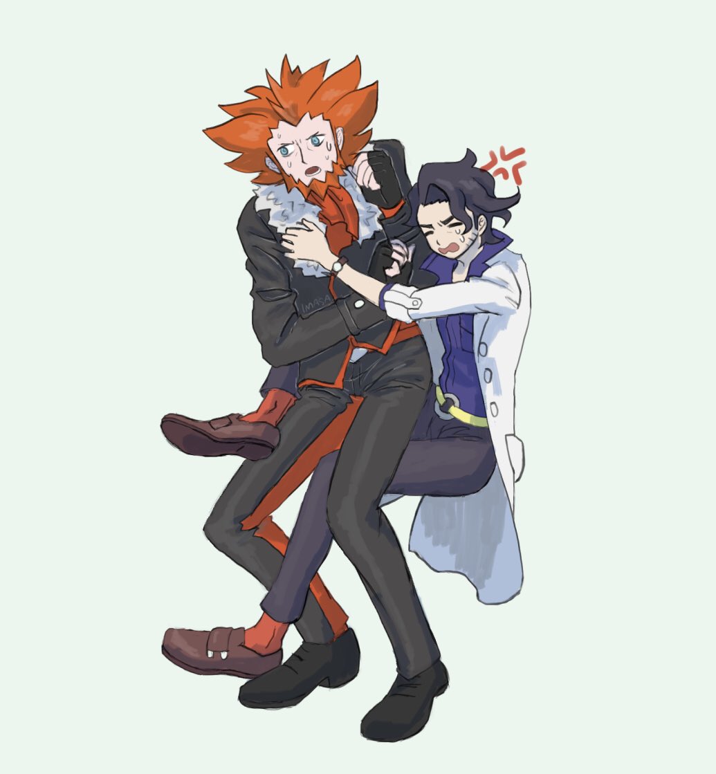 2boys anger_vein professor_sycamore beard belt black_footwear black_gloves black_hair black_pants commentary_request crying curly_hair facial_hair fingerless_gloves fur-trimmed_jacket fur_trim gloves grey_background im_i_masa jacket lab_coat looking_down lysandre_(pokemon) male_focus multiple_boys nintendo open_mouth orange_hair pants pokemon pokemon_xy shirt shoes team_flare tears watch wristwatch yellow_belt