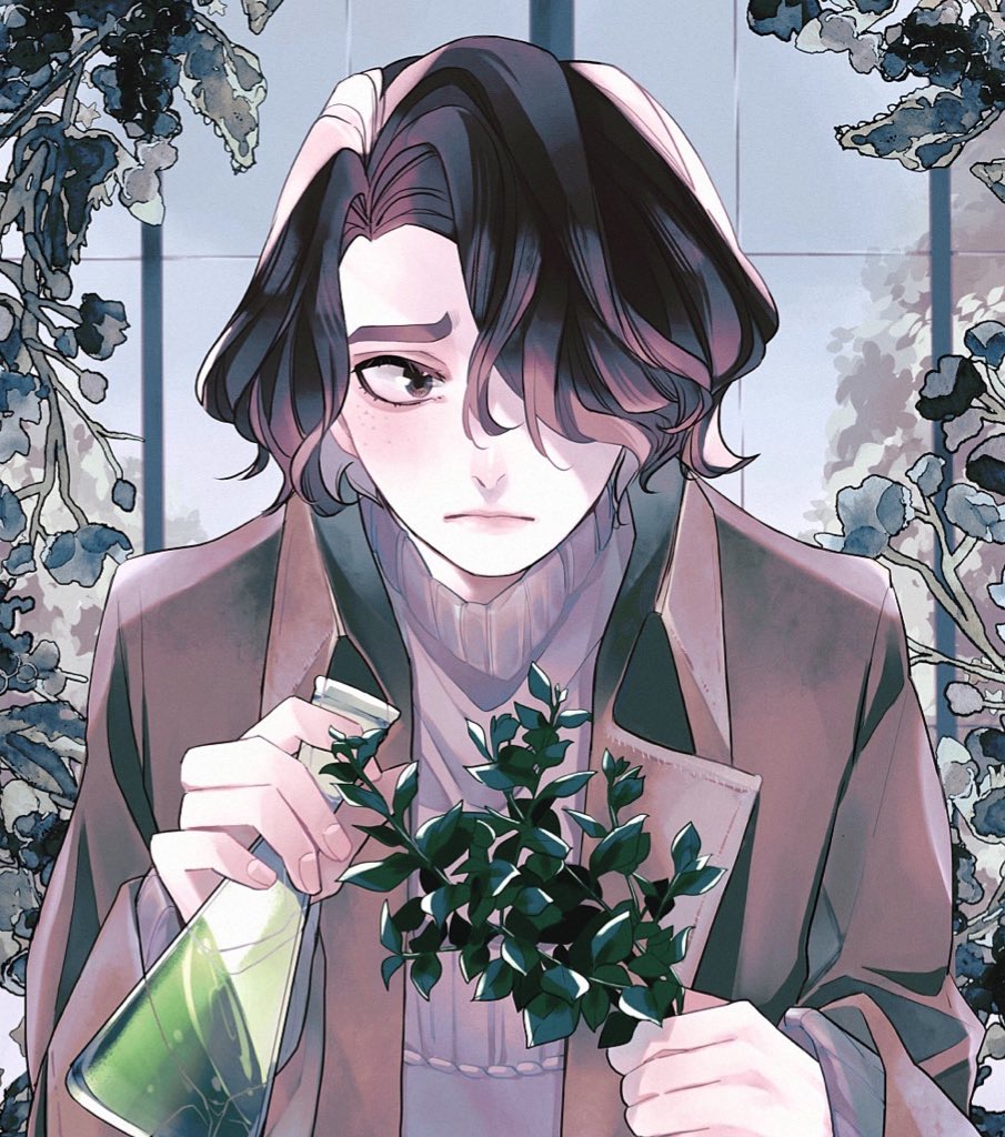 1boy blush brown_eyes brown_jacket commentary_request daniel_page flask freckles frown greenhouse hair_over_one_eye harry_potter:_magic_awakened harry_potter_(series) holding holding_flask holding_plant jacket looking_to_the_side male_focus plant pouring red_hair rk1228 short_hair sweater white_sweater wizarding_world