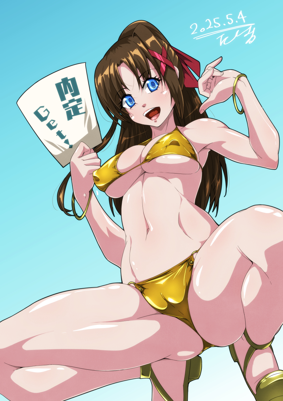 1girl bikini blue_eyes blush bracelet breasts brown_hair cameltoe covered_erect_nipples gold_bikini golden_week hair_ornament highres holding holding_paper jewelry large_breasts long_hair looking_at_viewer lyrical_nanoha mahou_shoujo_lyrical_nanoha navel open_mouth paper ponytail sandals smile solo spread_legs squatting swimsuit tappa_(esperanza) yagami_hayate