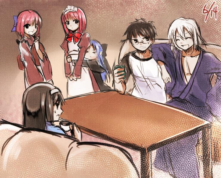 00s 2boys 4girls apron arm_support bad_id bad_twitter_id black_dress black_hair blue_eyes blue_hair bow brother_and_sister can canned_coffee capelet casual closed_eyes coffee cup dress drink_can hairband half_updo hisui_(tsukihime) hug hug_from_behind japanese_clothes kohaku_(tsukihime) len_(tsukihime) long_hair maid maid_apron maid_headdress multiple_boys multiple_girls open_mouth pointy_ears red_eyes red_hair ribbon short_hair siblings sisters sitting smile tohno_akiha tohno_shiki tohno_shiki_(2) tsukihime twins white_hair yasuo_(torinikukani) yellow_eyes