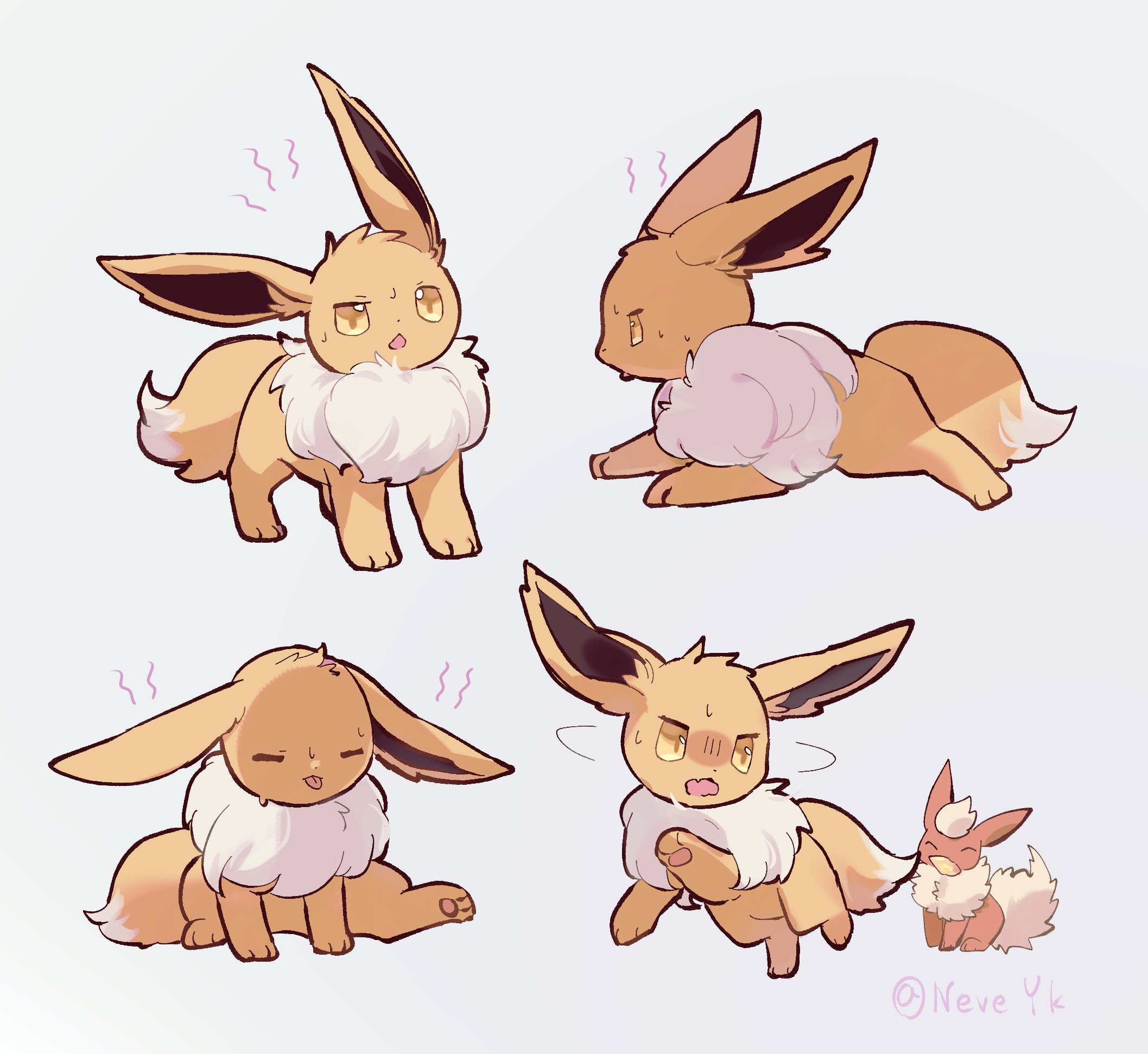 animal animal_focus eevee evolution_stone evolutionary_stone fang fire_stone flareon gen_1_pokemon grey_background highres mouth_hold nintendo no_humans open_mouth pawpads pokemon pokemon_(creature) running simple_background sitting sweat twitter_username yutopia_(neveyk)