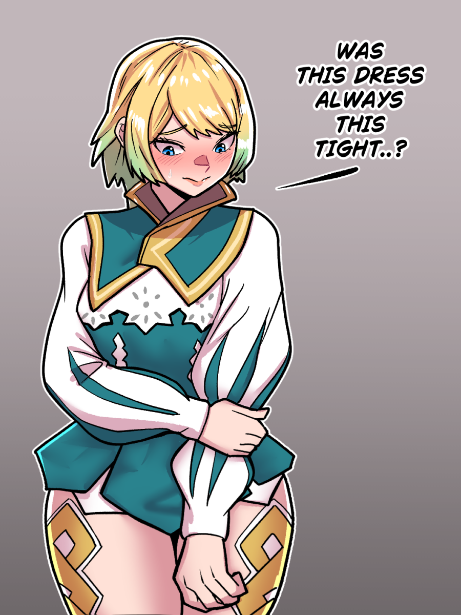 1girl blue_dress blue_eyes blue_hair blush closed_mouth commentary dress english_commentary english_text fire_emblem fire_emblem_heroes fjorm_(fire_emblem) gradient_hair highres lips long_sleeves mnejing30 multicolored_hair nintendo pink_lips solo sweatdrop thighs