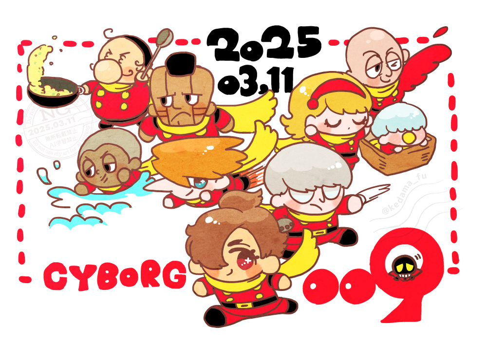 1girl albert_heinrich black_boots black_ghost blonde_hair boots chang_changku coat cyborg_009 francoise_arnoul geronimo_jr great_britain_(cyborg_009) hair_over_one_eye hairband ivan_whisky jet_link kedama_fu pyunma red_coat red_hairband scarf shimamura_joe yellow_scarf