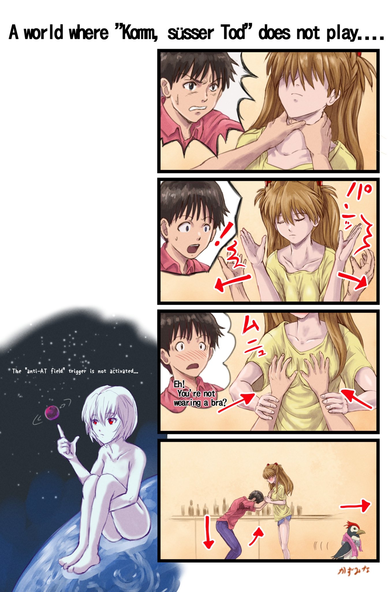 2boys artist_name ass bird blue_shorts blush brown_hair closed_eyes couch english_text giant giantess grabbing_another's_breast groping highres ikari_shinji interface_headset_(evangelion) kazumina lilith_(ayanami_rei) long_hair looking_at_another multiple_boys neon_genesis_evangelion penguin shirt shorts simple_background souryuu_asuka_langley t-shirt the_end_of_evangelion two_side_up walking what