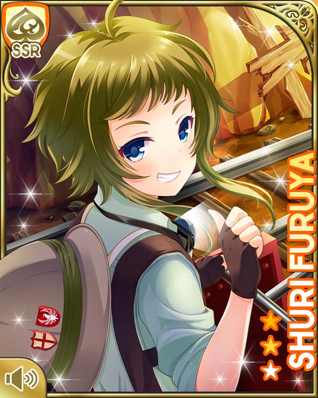 1girl blue_eyes brown_dress brown_headwear card character_name closed_mouth day dress dungeon furuya_shuri girlfriend_(kari) green_hair green_shirt hat indoors long_bangs mine_cart official_art qp:flapper shirt short_hair skirt smile standing tagme teeth