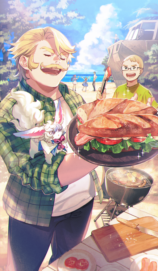 2girls 4boys beach black-framed_eyewear black_pants blonde_facial_hair blonde_hair blue_sky blurry buttons captain_nemo_(fate) closed_eyes commentary cooking creature creature_on_arm cutting_board day depth_of_field facial_hair fate/grand_order fate_(series) food goredolf_musik green_shirt grill grilling happy holding holding_food holding_plate holding_tongs horizon jingle_abel_meuniere knife leonardo_da_vinci_(fate) leonardo_da_vinci_(fate/grand_order) leonardo_da_vinci_(rider)_(fate) lettuce male_focus meat motor_vehicle multiple_boys multiple_girls mustache nemo_(fate) novum_chaldea ocean official_alternate_costume official_art open_clothes open_mouth open_shirt outdoors pants plaid_clothes plaid_shirt plate rectangular_eyewear sand sandwich shadow_border sherlock_holmes_(fate) shirt shirt_under_shirt short_hair sideburns sion_eltnam_(type-moon) sion_eltnam_sokaris sky sleeves_rolled_up smile sparkle standing sunlight taa_(acid) teeth third-party_source tomato tomato_slice tongs tree white_shirt