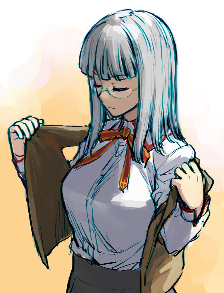 1girl b_suke bad_source breasts closed_eyes closed_mouth fate/hollow_ataraxia fate/stay_night fate_(series) himuro_kane homurabara_academy_school_uniform large_breasts long_hair round_eyewear school_uniform shirt solo white_shirt