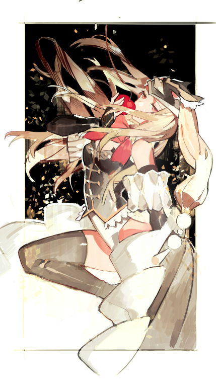 10s 1girl animal_hat apple bare_shoulders bird black_thighhighs boots brown_hair elbow_gloves female_focus food fruit gloves hat long_hair mawaru_penguindrum penguin princess_of_the_crystal red_eyes solo starshadowmagician takakura_himari thigh_boots thighhighs