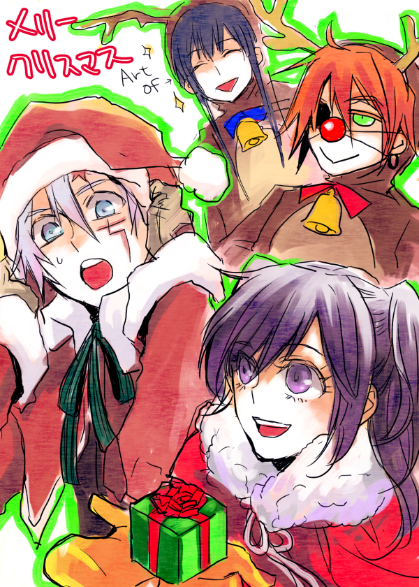 1girl 3boys :&gt; allen_walker antlers asymmetrical_hair bell blue_bow blue_bowtie blue_eyes blue_hair bow bowtie brown_gloves christmas christmas_present cloak closed_eyes clown_nose d.gray-man deer_costume earrings eyepatch facial_mark facing_viewer fur-trimmed_cloak fur_trim gift gloves green_eyes green_ribbon hair_between_eyes hand_on_own_hat hat holding holding_gift hoop_earrings horns jewelry kanda_yuu lavi lenalee_lee long_hair looking_ahead looking_at_another looking_to_the_side medium_hair multiple_boys n_ptm neck_bell one_eye_covered open_mouth orange_hair purple_eyes purple_hair red_bow red_bowtie red_cloak red_ribbon reindeer_antlers ribbon santa_hat scar scar_across_eye scar_on_face short_hair sidelocks simple_background smile star_(symbol) star_facial_mark sweat sweatdrop two_side_up white_background white_hair white_ribbon winter_gloves yellow_gloves