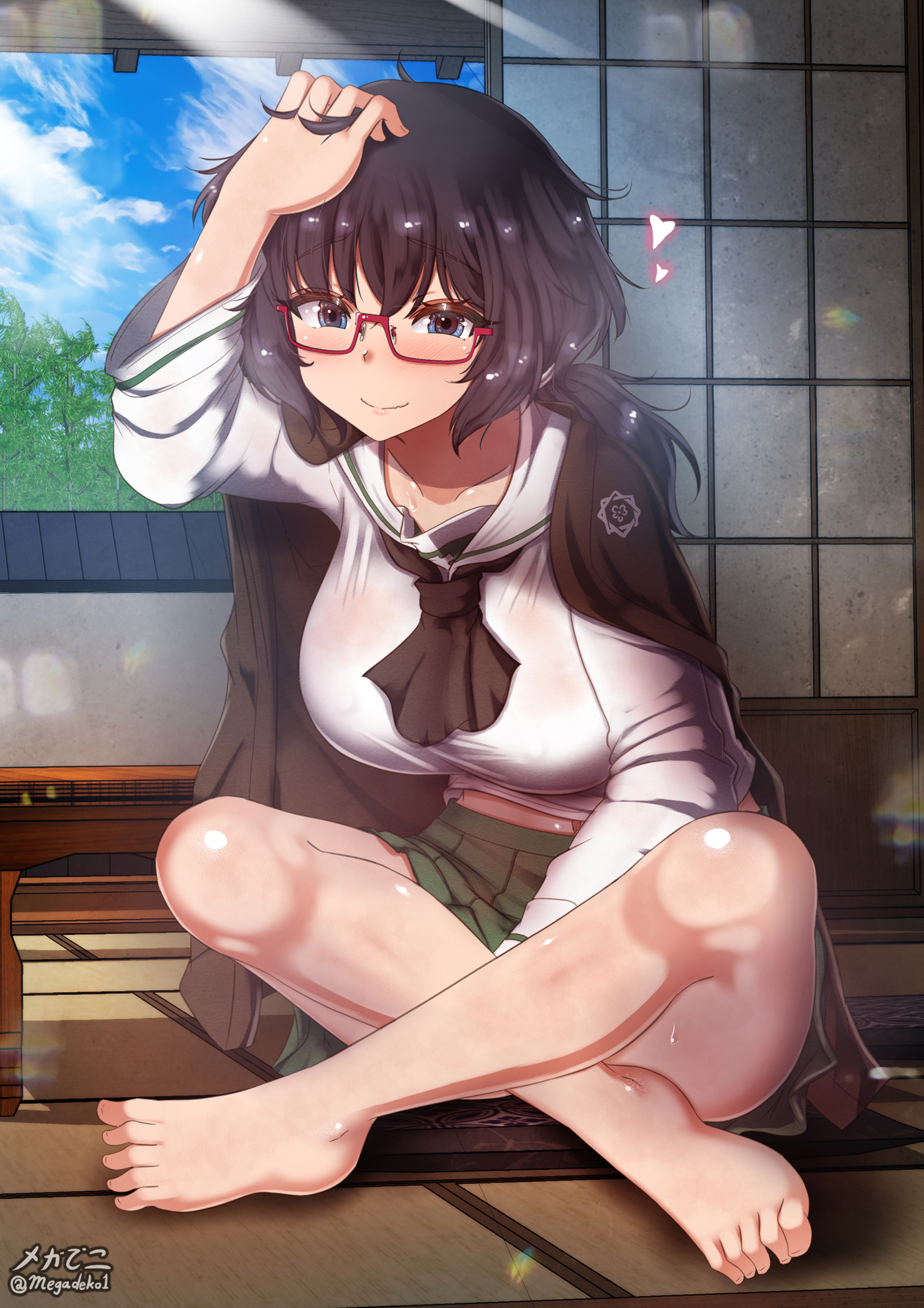 1girl barefoot black_hair blue_eyes blush breasts closed_mouth covered_erect_nipples girls_und_panzer glasses highres indoors large_breasts long_hair looking_at_viewer megadeko navel ooarai_school_uniform oryou_(girls_und_panzer) school_uniform smile solo