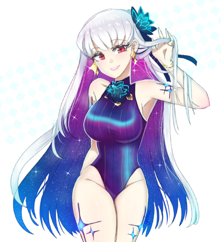 1girl armpit_peek bare_shoulders blue_flower blue_ribbon breasts closed_mouth fate/grand_order fate_(series) flower gallaxi hair_flower hair_ornament hair_ribbon hand_in_own_hair kama_(fate) kama_(swimsuit_avenger)_(third_ascension)_(fate) large_breasts long_hair multicolored_hair purple_hair rearrings red_eyes ribbon signature simple_background smile sparkle swimsuit teeth thighs two-tone_hair white_background white_hair