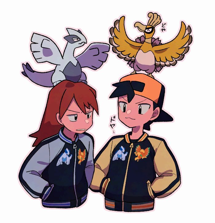2boys alternate_costume alternate_size backwards_hat black_eyes black_hat brown_hair closed_mouth commentary_request ethan_(pokemon) gen_2_pokemon hands_in_pockets hat ho-oh jacket legendary_pokemon long_hair lugia male_focus matching_outfits multiple_boys nintendo on_head parted_lips pokemon pokemon_(creature) pokemon_gsc pokemon_on_head raglan_sleeves silver_(pokemon) smile translation_request tyako_089 white_background zipper_pull_tab