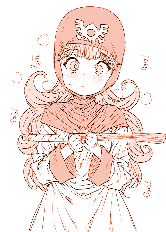 1girl character_request check_character commentary_request dragon_quest dress heavy_breathing holding holding_stick hood hood_up long_hair long_sleeves looking_at_viewer monochrome parted_lips ponsuke_(pon00000) princess_of_moonbrook red_theme solo stick sweat upper_body wide_sleeves