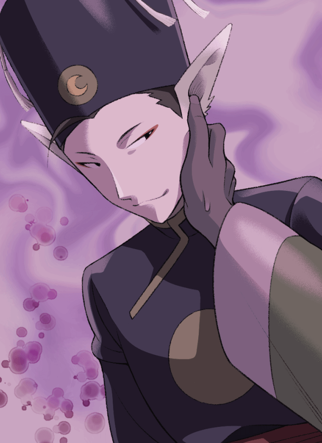 2boys ahoge black_hair breath_of_fire breath_of_fire_iv closed_mouth eyeshadow hat looking_at_viewer makeup male_focus minashirazu multiple_boys pointy_ears pov robe smile sweatdrop yuna_(breath_of_fire)